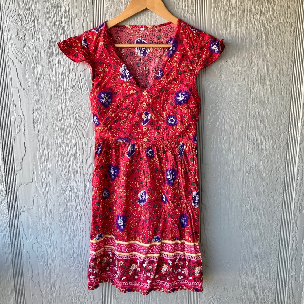 ❗️Sale❗️Red Floral Synch Waist Dress